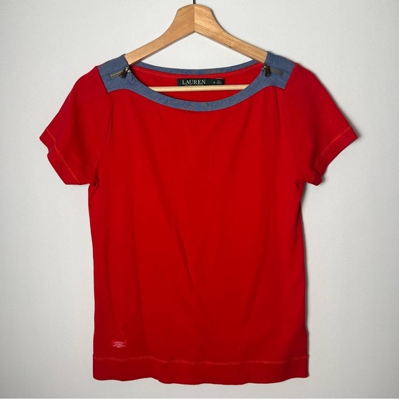 Lauren Ralph Lauren Tops - Lauren Ralph Lauren 90s Y2K Chambray Trim Zip Shoulder Short Sleeve Top Red Med